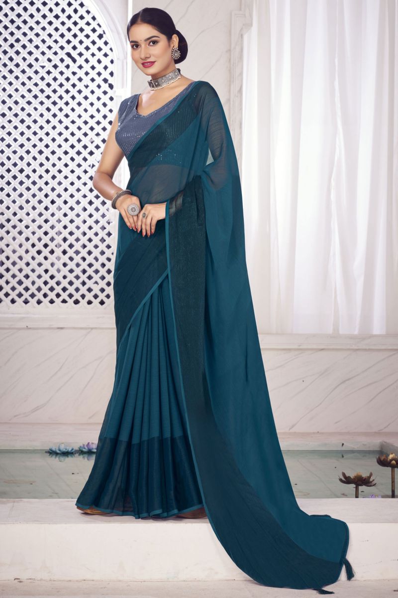 Teal Color Chiffon Fabric Party Wear Lovely Saree