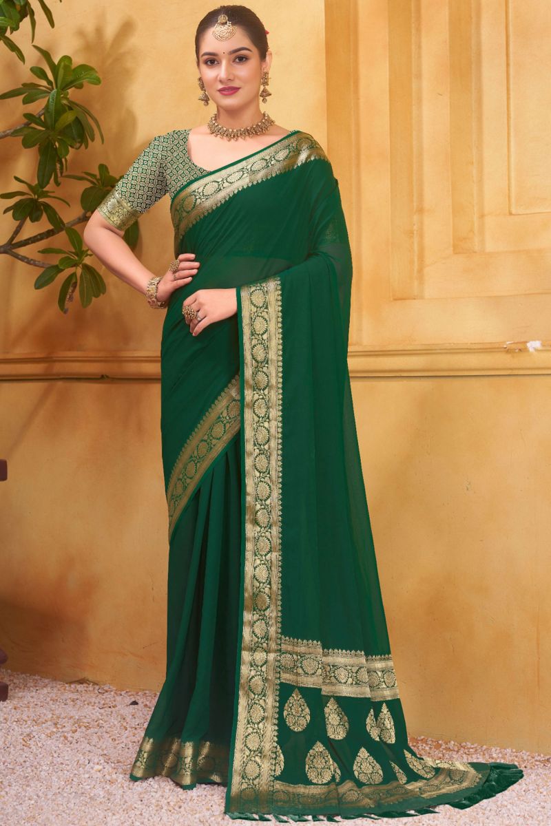 Green Color Georgette Fabric Saree With Weaving Border Work