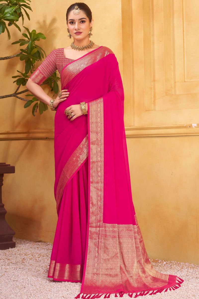 Weaving Border Work On Georgette Fabric Wedding Wear Saree In Rani Color