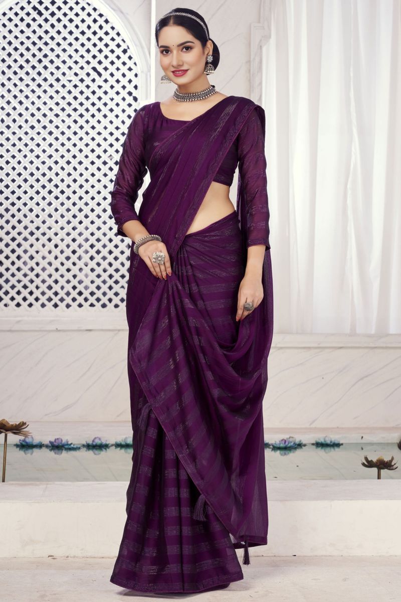 Chiffon Fabric Party Wear Luxurious Saree In Purple Color