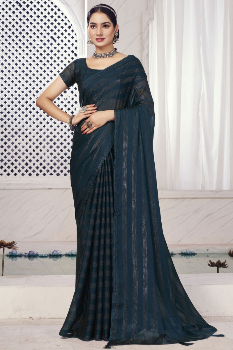 Party Look Chiffon Fabric Navy Blue Color Magnificent Saree