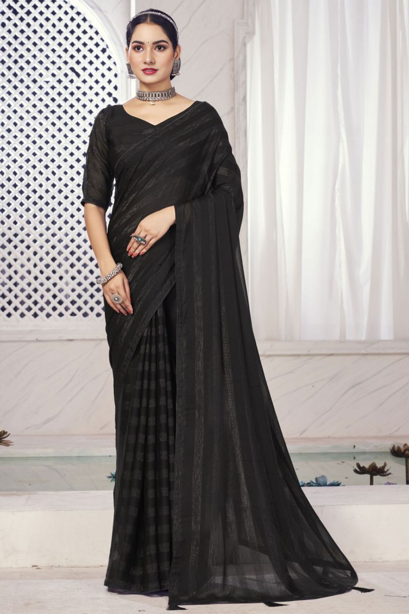 Black Color Chiffon Fabric Party Wear Luminous Saree