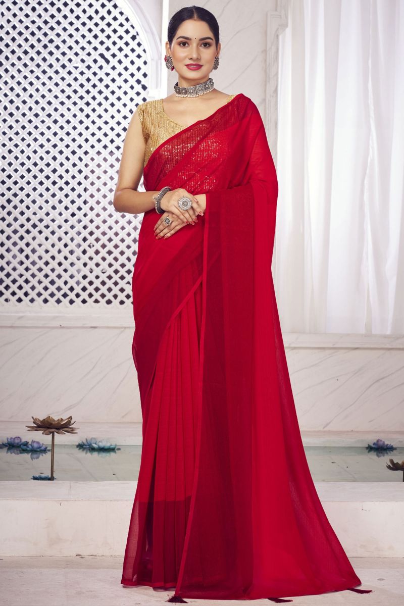 Chiffon Fabric Party Wear Wondrous Saree In Red Color