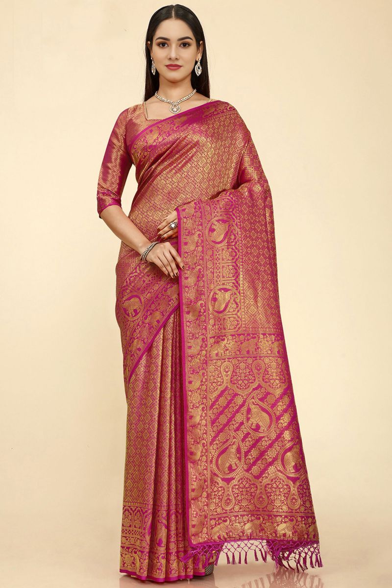 Magenta Color Nylon Fabric Patterned Sangeet Wear Saree