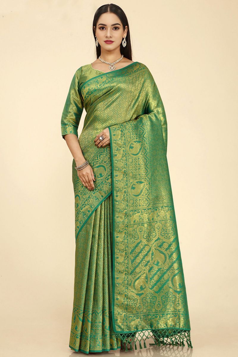 Nylon Fabric Green Color Elegant Sangeet Function Saree