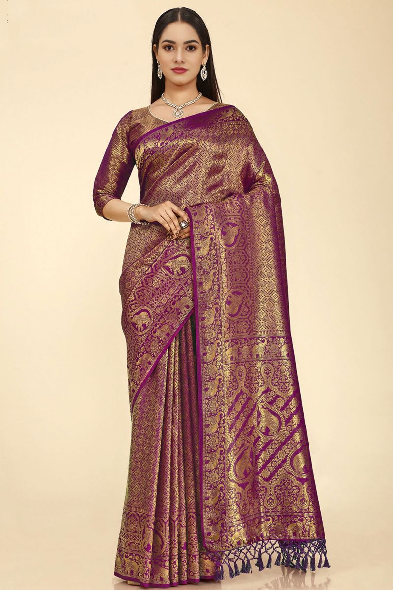 Purple Color Nylon Fabric Vivacious Sangeet Wear Saree