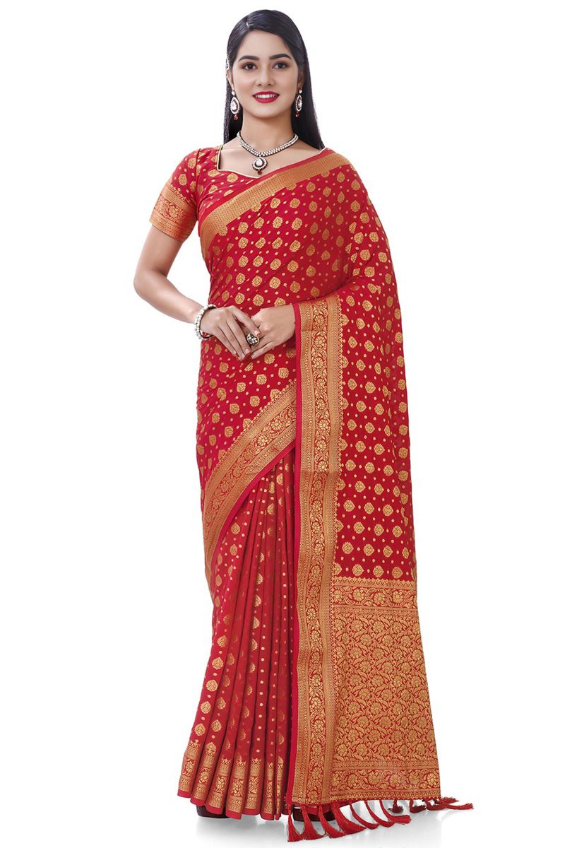 Nylon Fabric Red Color Lovely Sangeet Wear Saree