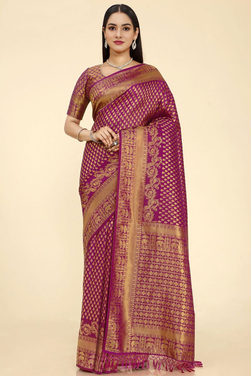 Nylon Fabric Purple Color Coveted Sangeet Wear Saree