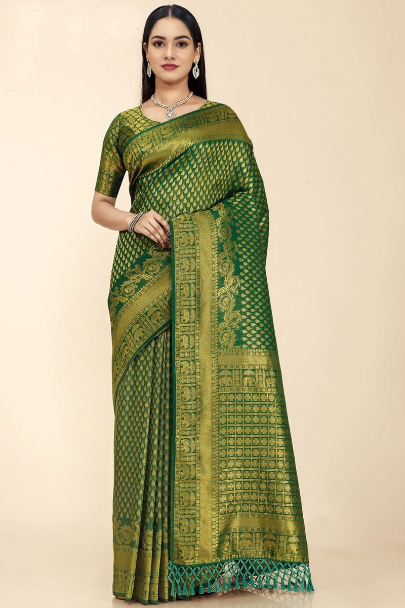 Dark Green Color Engrossing Sangeet Wear Saree In Nylon Fabric