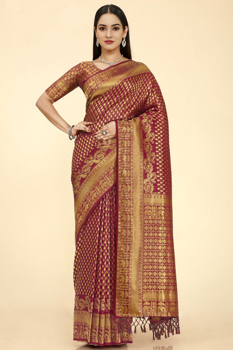 Nylon Fabric Maroon Color Intriguing Sangeet Wear Saree