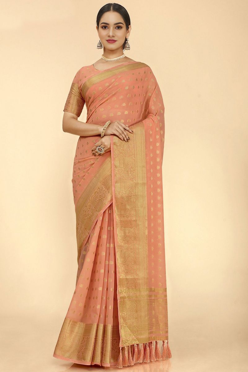 Peach Color Enthralling Sangeet Wear Saree In Nylon Fabric