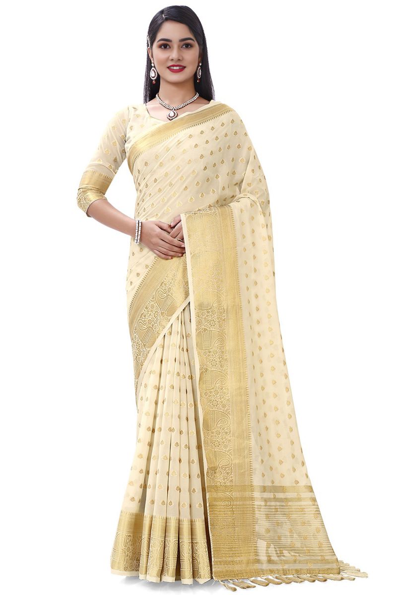 Off White Color Nylon Fabric Riveting Sangeet Wear Saree