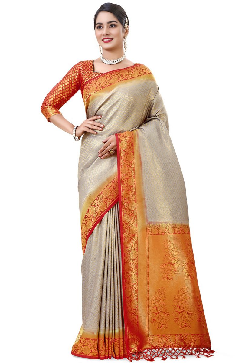 Grey Color Nylon Fabric Patterned Sangeet Wear Saree