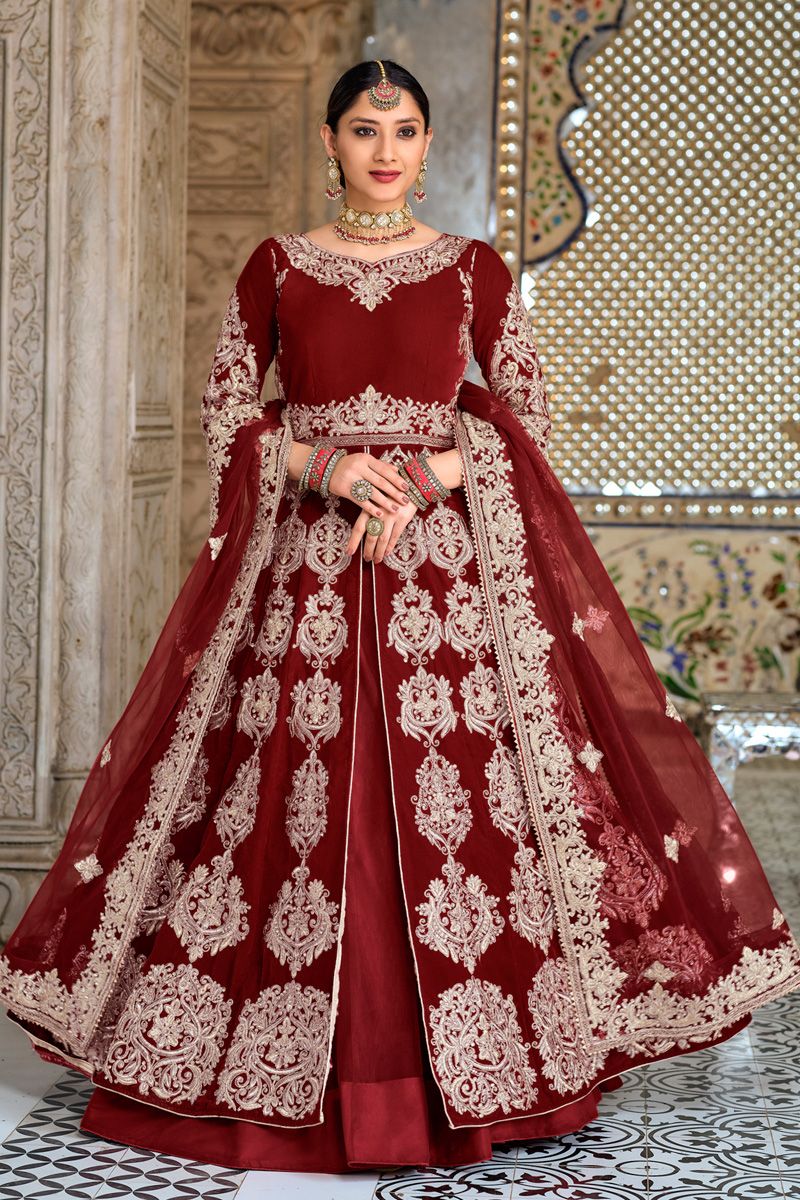 Velvet Sangeet Wear Vivacious Sharara Top Lehenga In Maroon Color