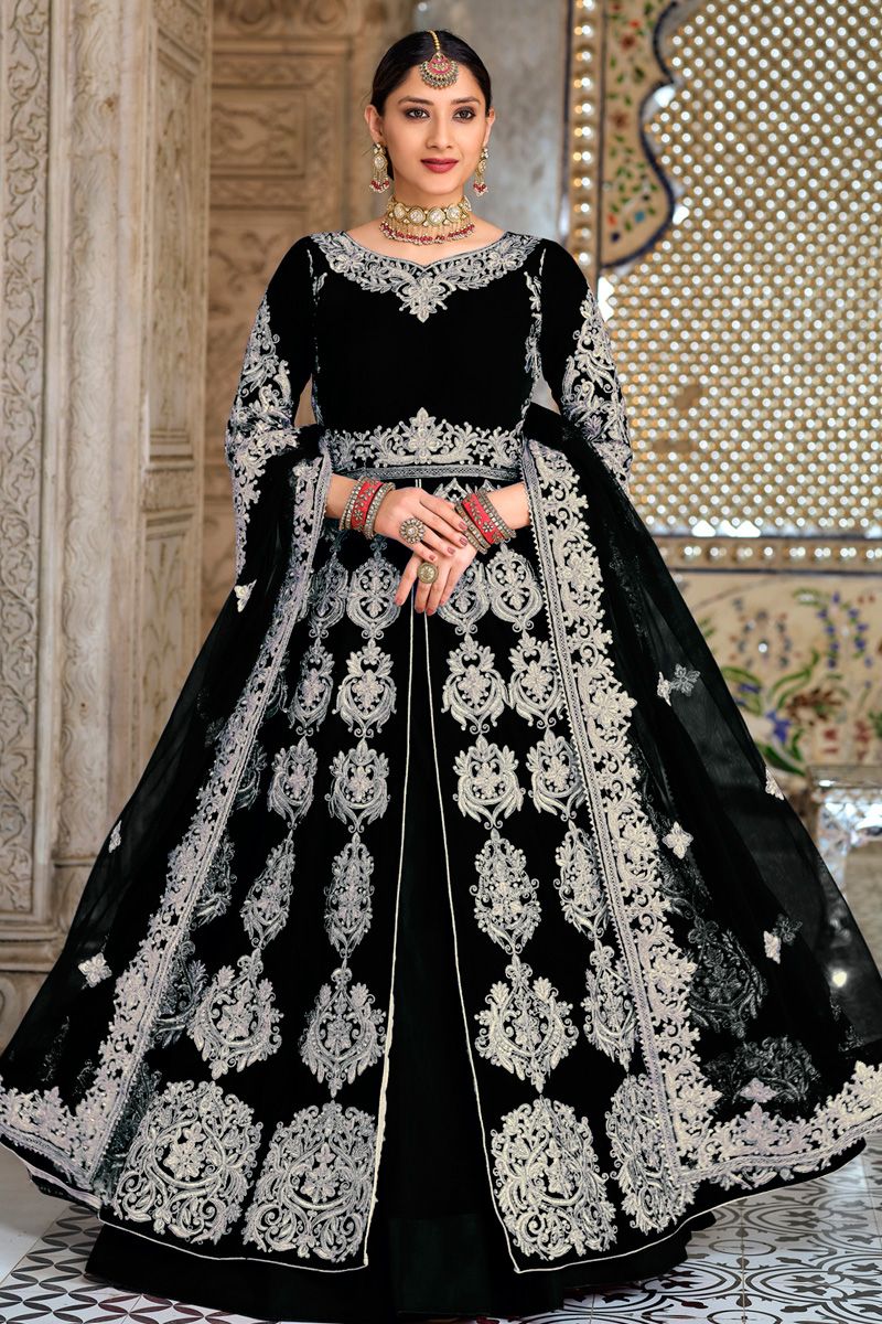 Velvet Sangeet Wear Mesmeric Sharara Top Lehenga In Black Color