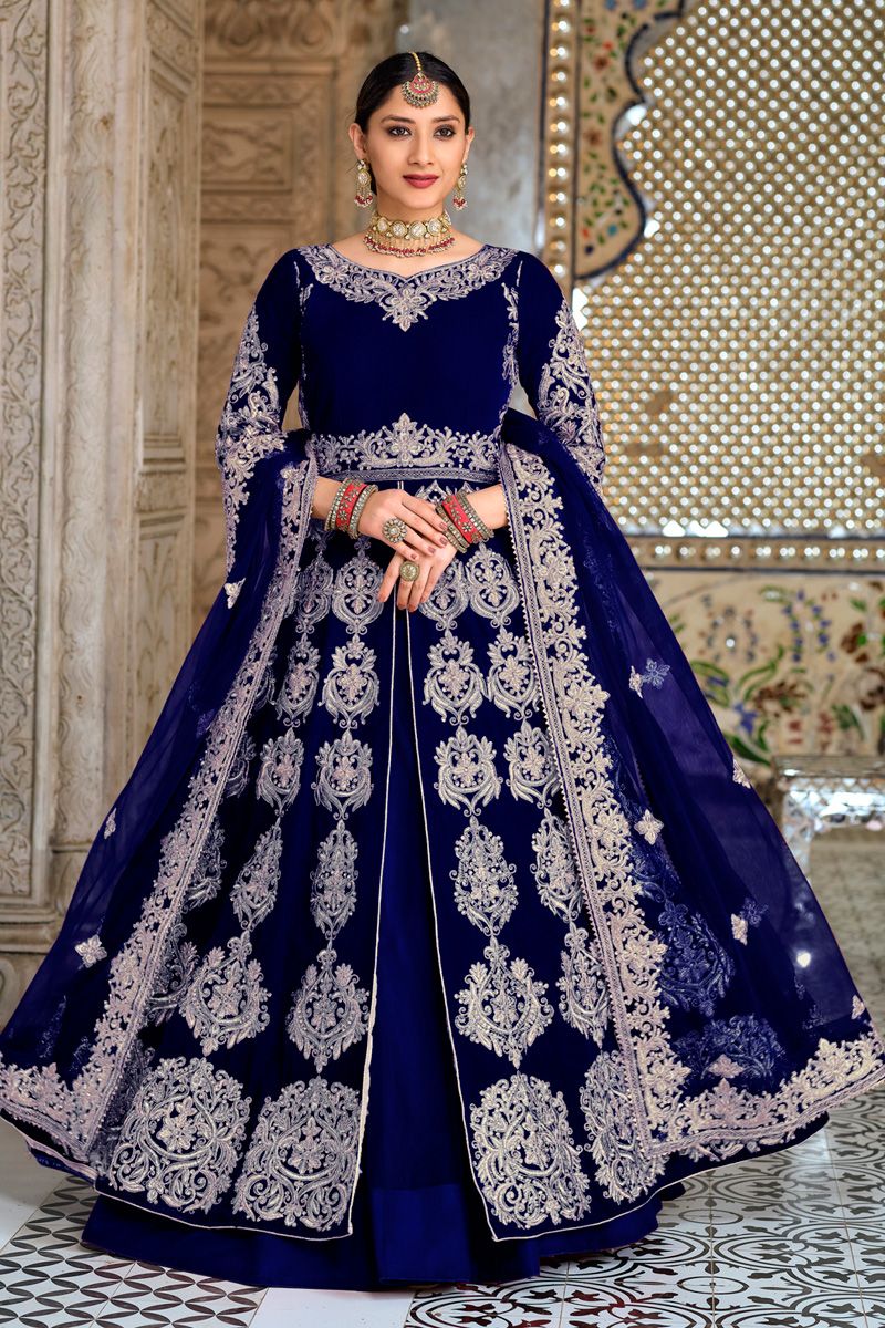 Velvet Sangeet Wear Wondrous Sharara Top Lehenga In Blue Color