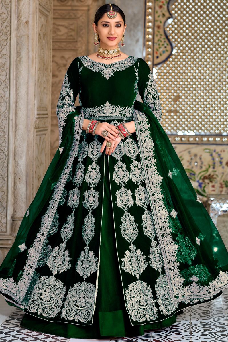 Green Color Sangeet Wear Velvet Incredible Sharara Top Lehenga