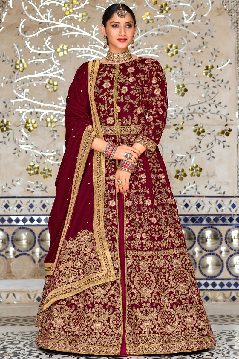 Maroon Color Sangeet Wear Velvet Charismatic Sharara Top Lehenga