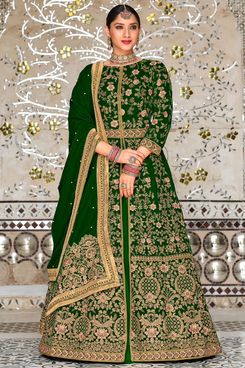 Velvet Sangeet Wear Green Color Phenomenal Sharara Top Lehenga