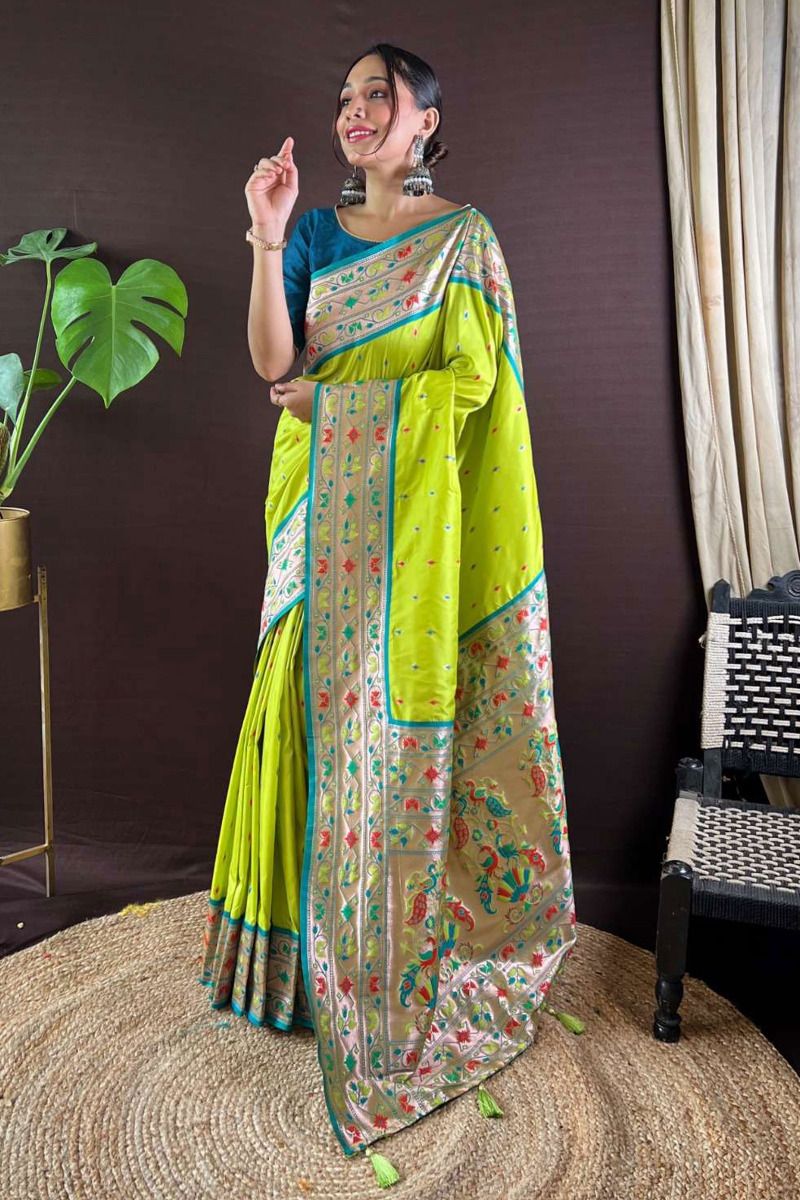 Lapis Green Pure Zari Woven Print Soft Paithani Silk Saree