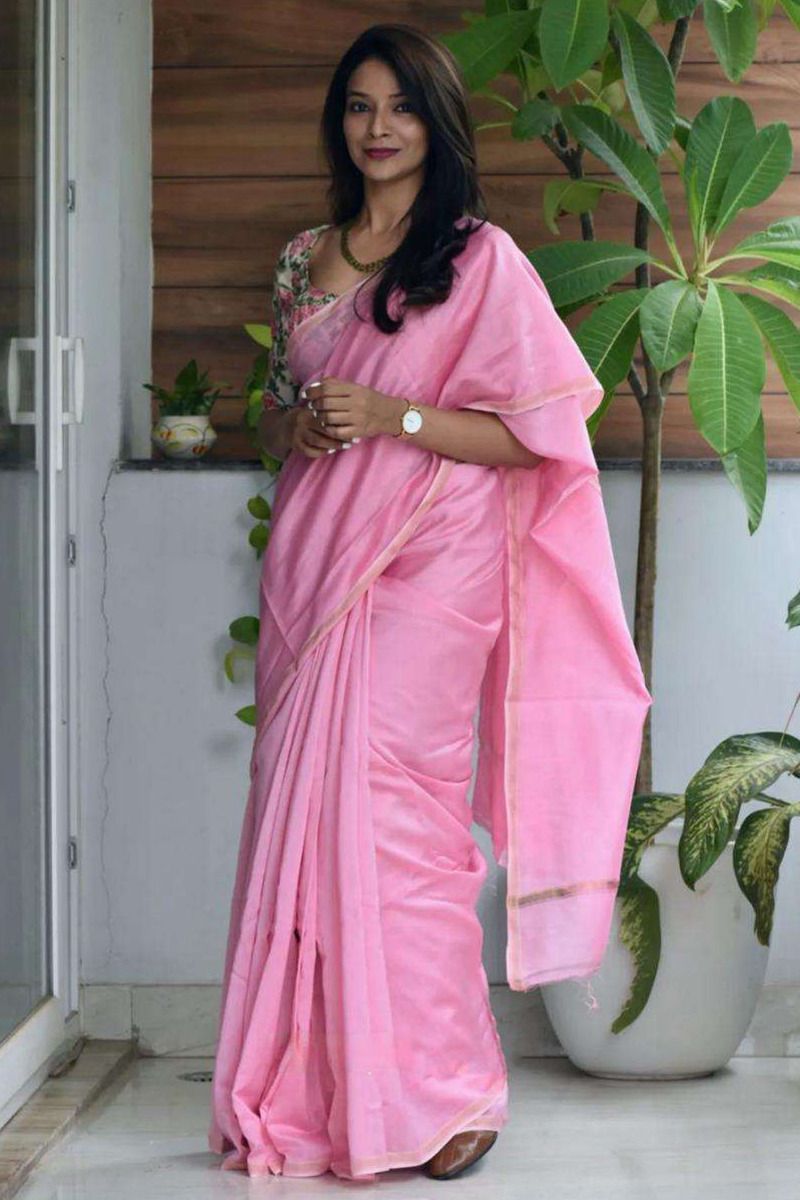 Pink Color Plain Casual Chanderi Silk Fabric Saree With Printed Blouse