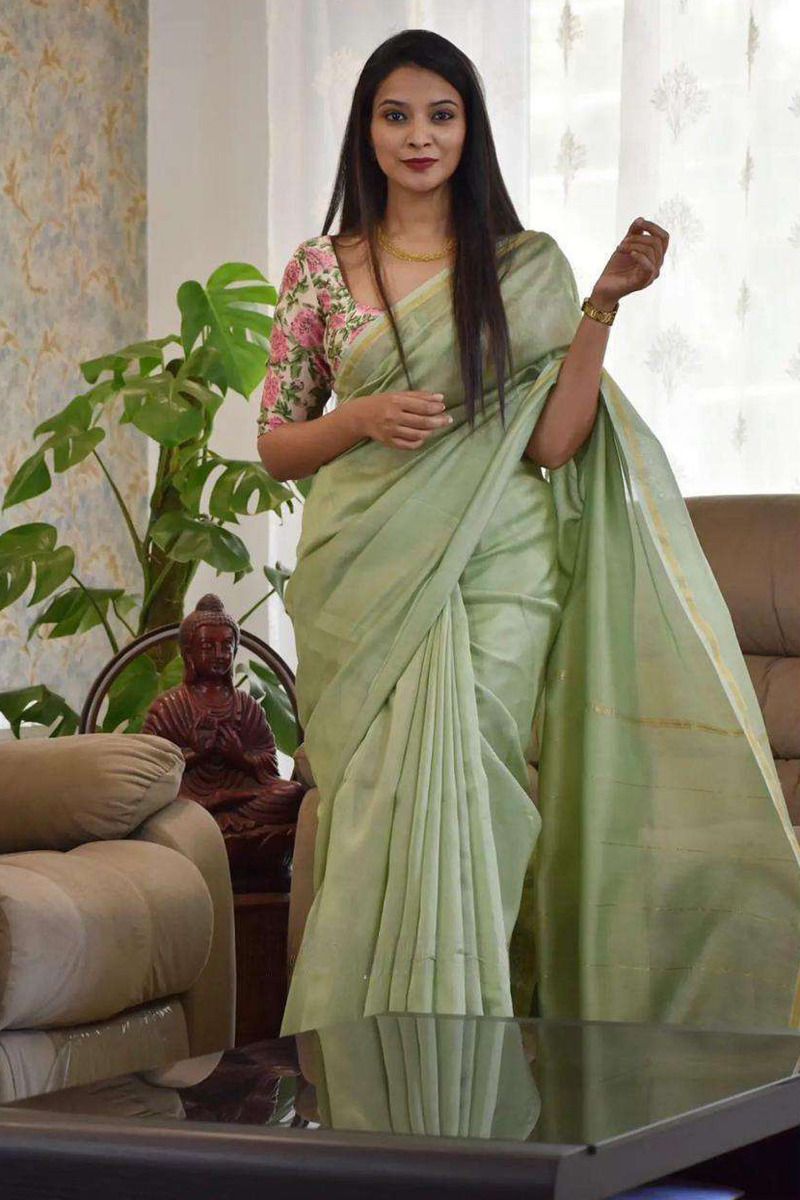 Chanderi Silk Fabric Sea Green Color Plain Saree With Printed Blouse