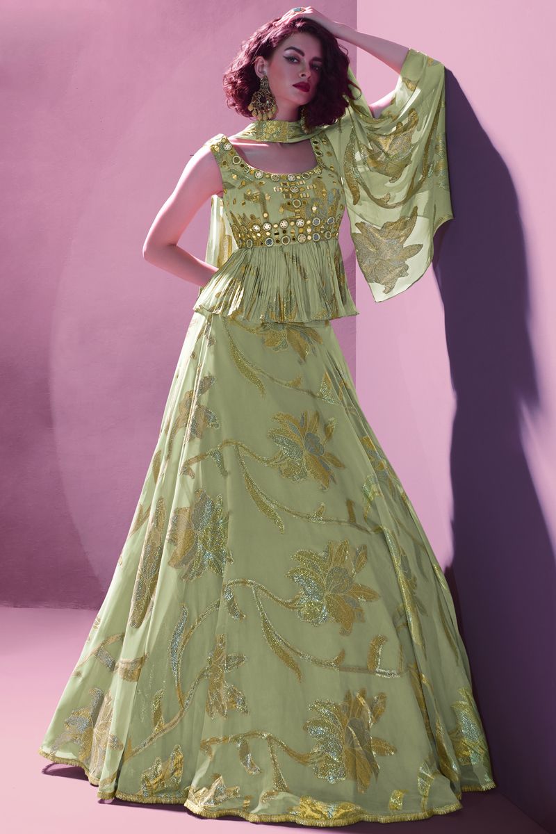 Occasion Wear Readymade Chaniya Choli In Olive Jacquard Fabric With And Wedding Wear Blouse
