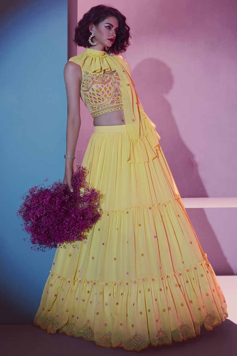 Georgette Yellow Fucntion Wear Readymade Lehenga With And Artistic Blouse