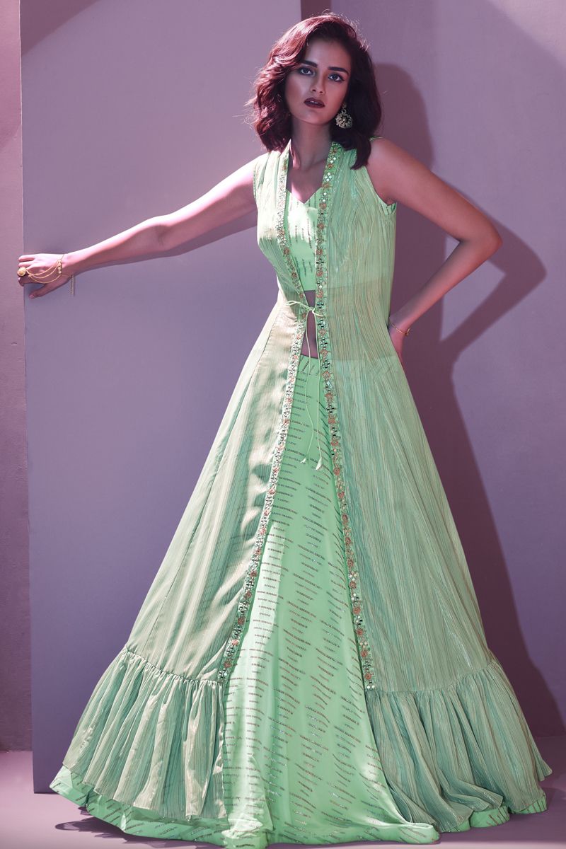 Art Silk Wedding Wear Readymade Lehenga In Sea Green With Ravishing Blouse