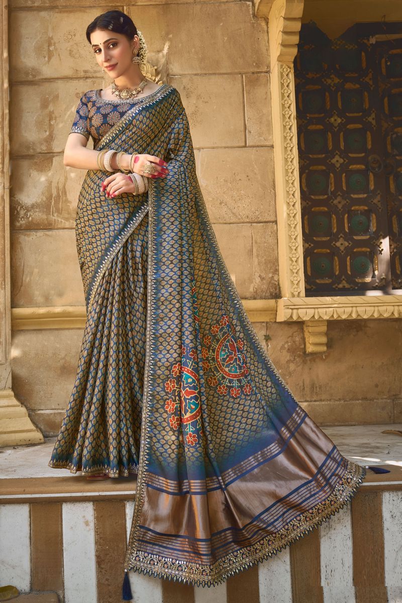 Border Work On Gajji Silk Fabric Bewitching Saree In Teal Color