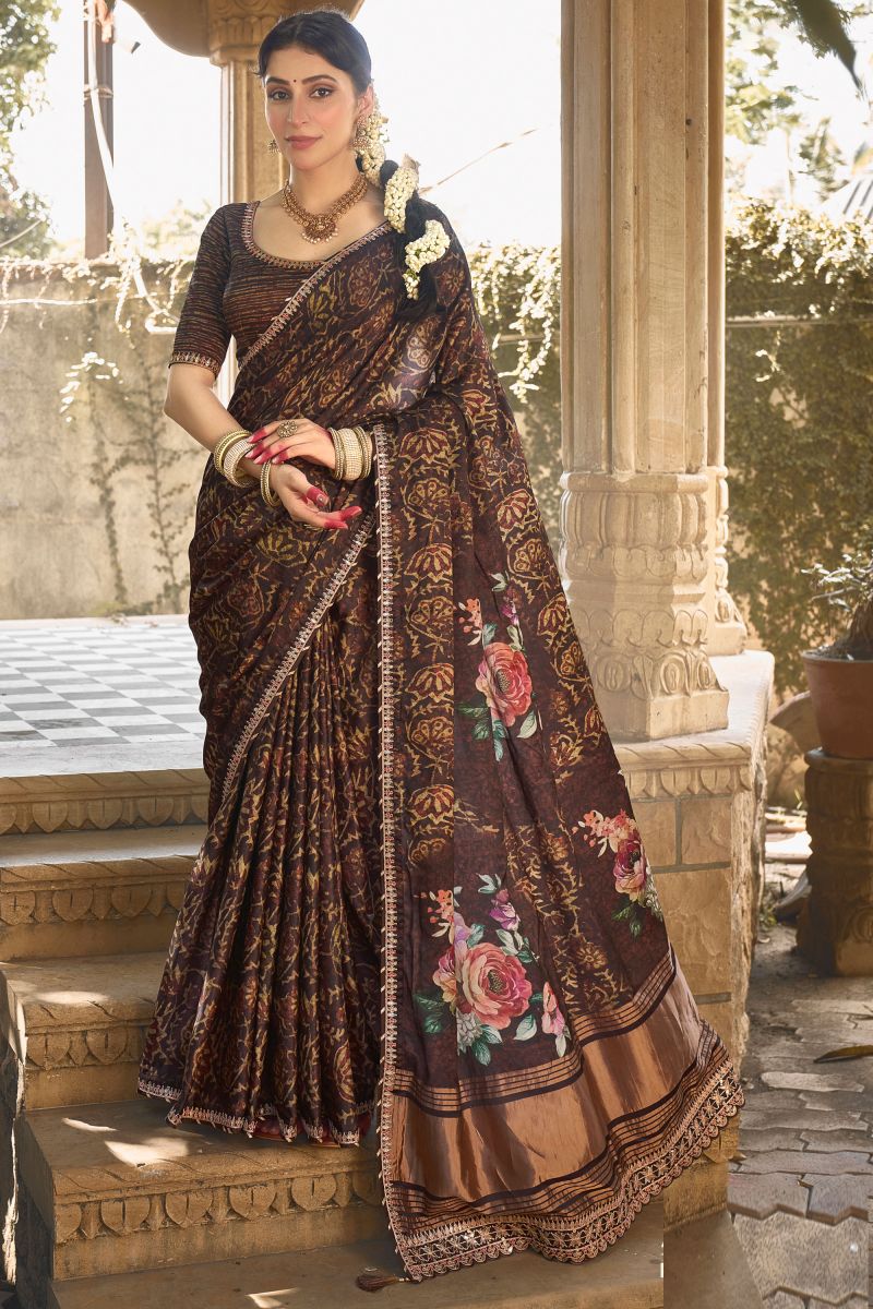 Gajji Silk Fabric Brown Color Riveting Saree With Border Work