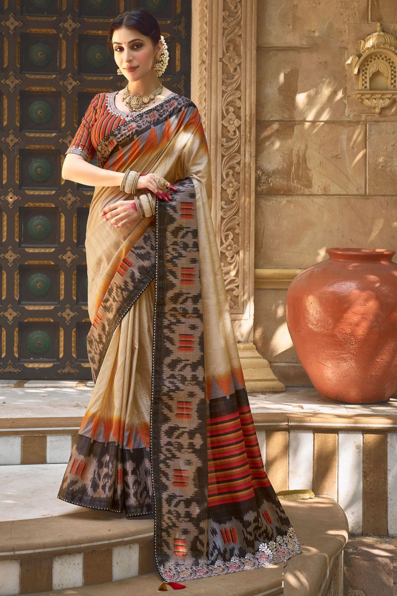 Border Work On Beige Color Art Silk Fabric Princely Saree