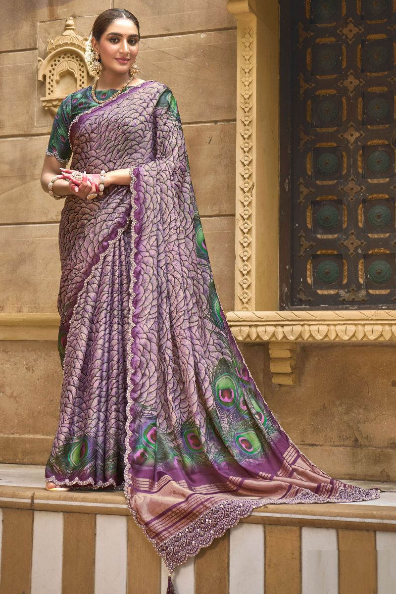 Border Work On Purple Color Sober Saree In Gajji Silk Fabric