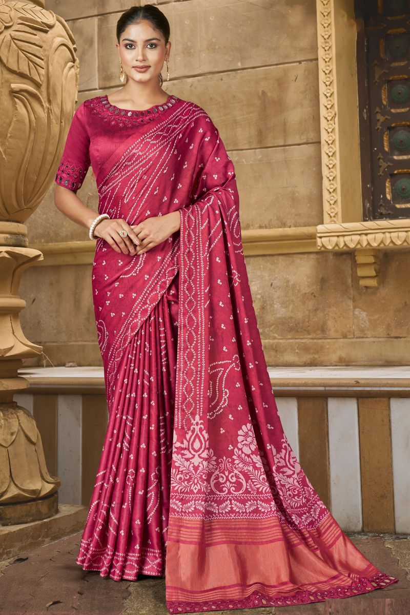 Border Work On Rani Color Gajji Silk Fabric Saree