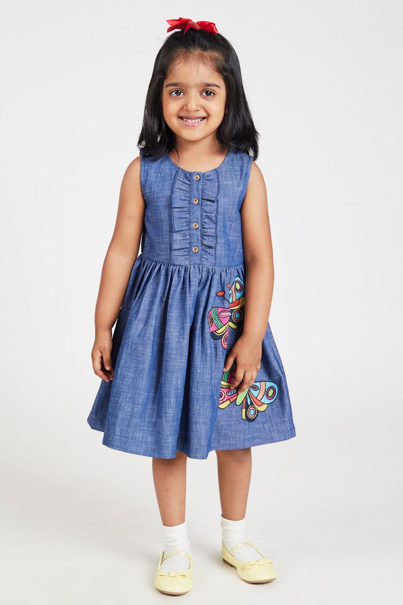 Blue Denim Cotton Dress With Butterfly Embroidery