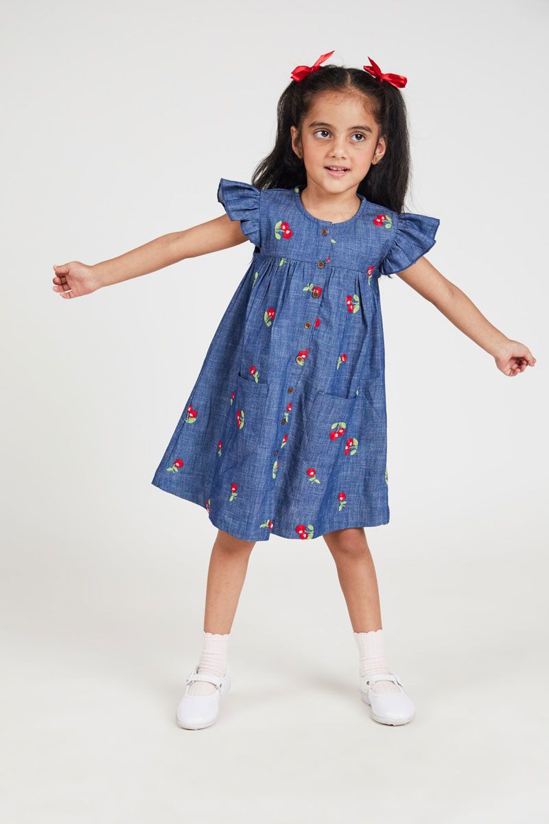 Blue Denim Dress With Embroidered Cherries And A Line Design