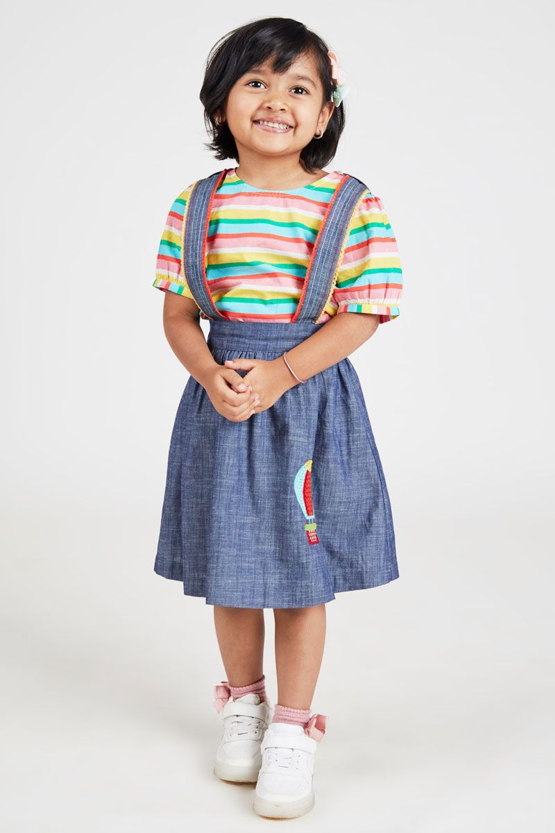 Blue Embroidered Denim Dungaree Skirt And Multi Coloured Stripe Printed Cotton Top For A Trendy Look