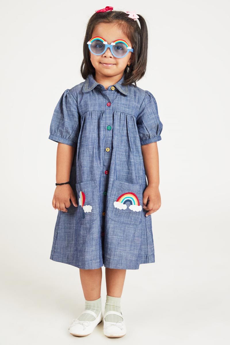 Blue Denim Dress With Playful Rainbow And Hot Air Balloon Embroidery