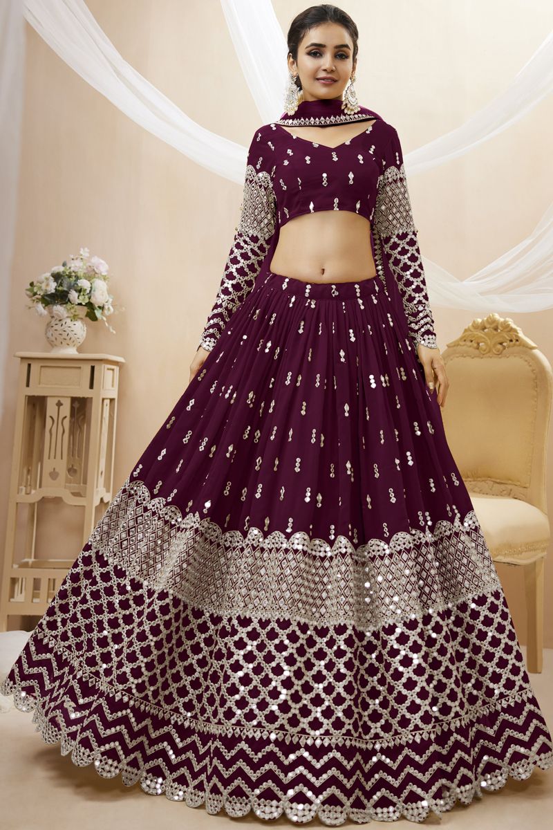 Wine Color Embroidered Work On Georgette Fabric Beatific Lehenga Choli