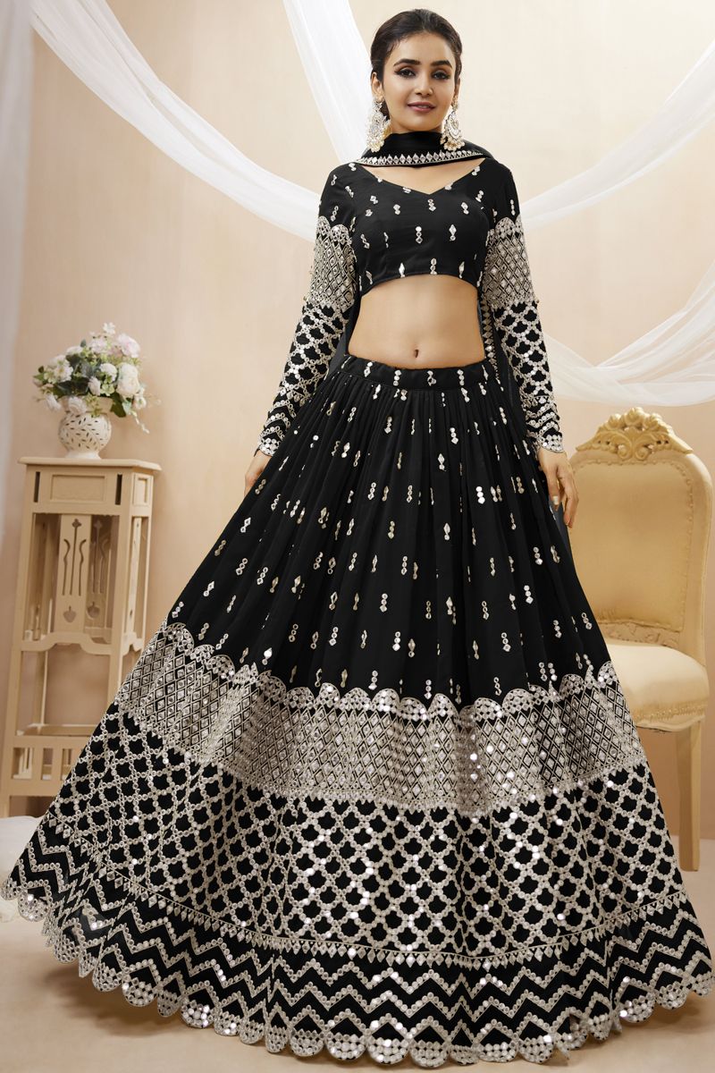 Embellished Embroidered Work On Black Color Georgette Fabric Lehenga Choli