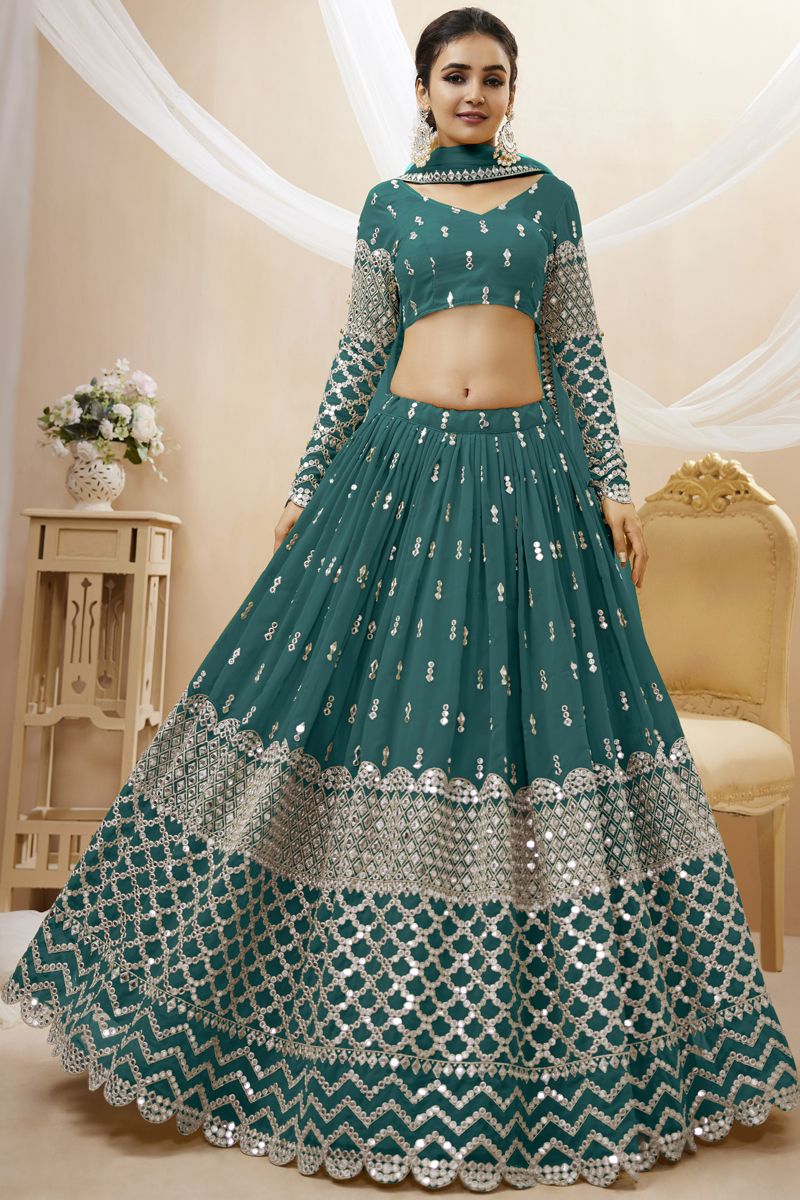 Awesome Embroidered Work On Georgette Fabric Teal Color Lehenga Choli