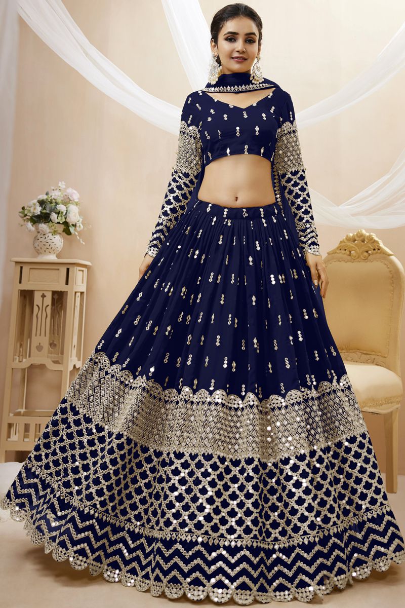 Tempting Georgette Fabric Navy Blue Color Lehenga Choli With Embroidered Work