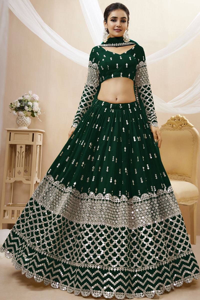 Engaging Dark Green Color Georgette Fabric Embroidered Work Lehenga Choli