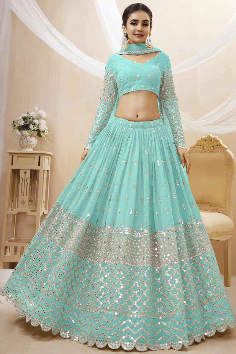 Georgette Fabric Embroidered Sangeet Wear Designer Lehenga Choli In Light Cyan Color