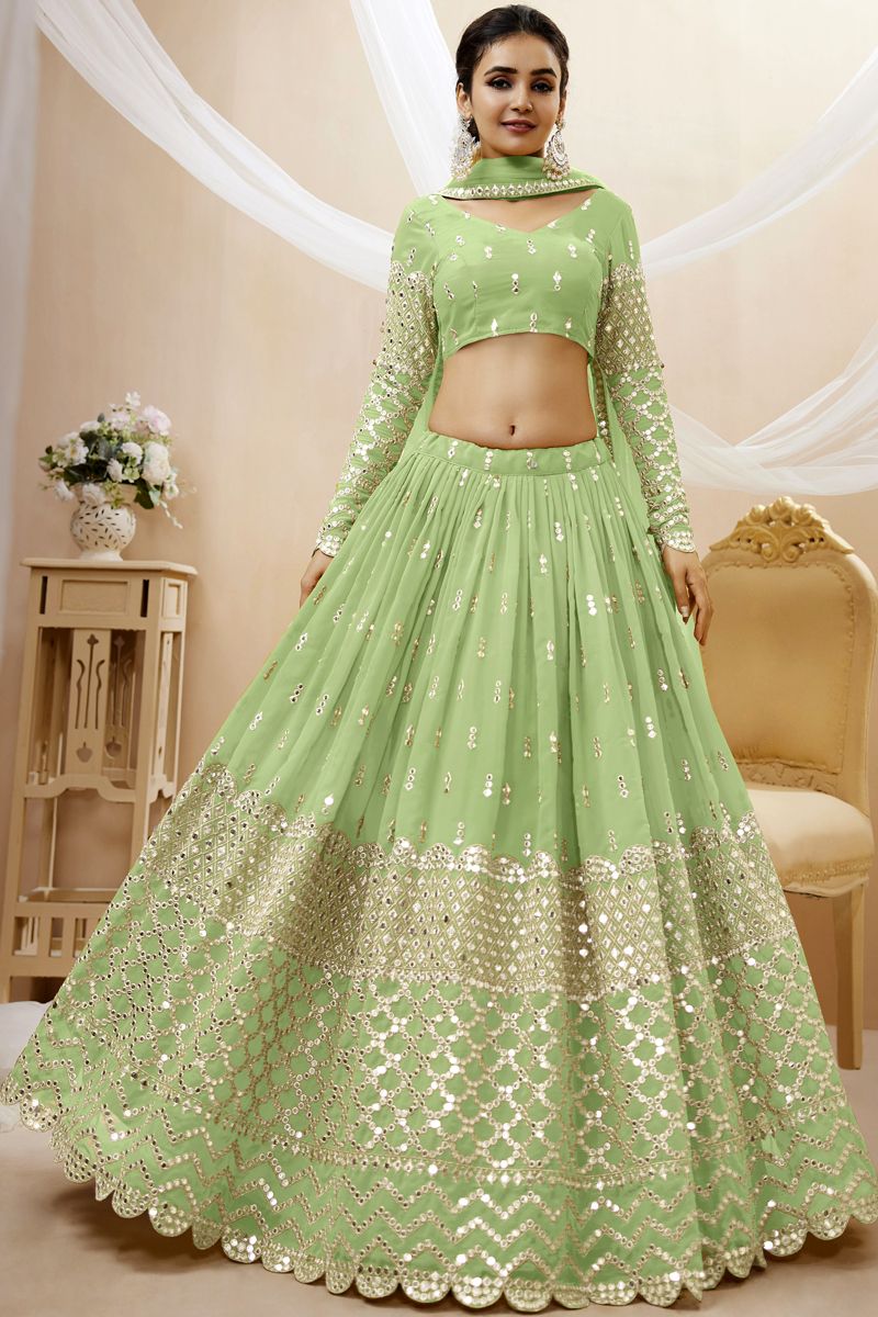 Sea Green Color Reception Wear Georgette Fabric Embroidered Lehenga Choli