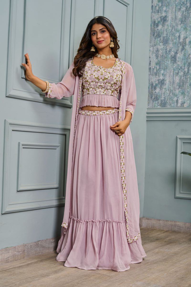 Georgette Readymade Lehenga In Lavender With Sequins Work