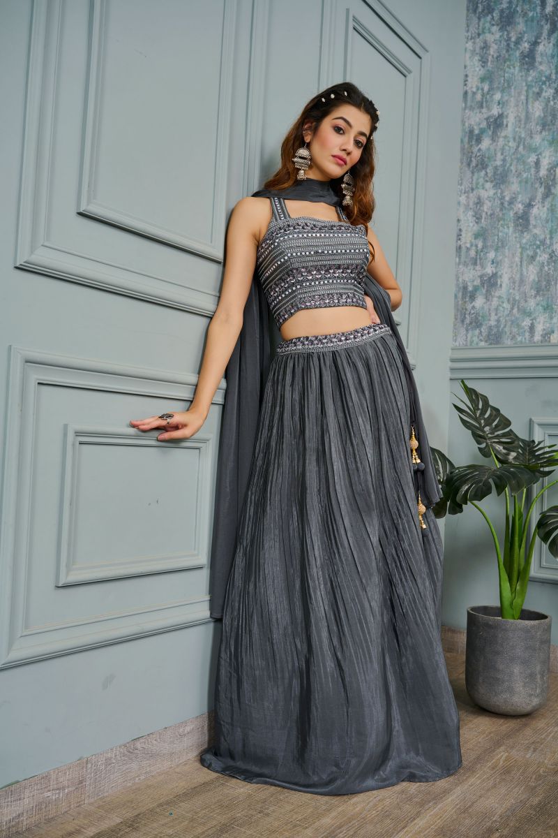 Grey Sequins Work On Readymade Lehenga In Art Silk Fabric