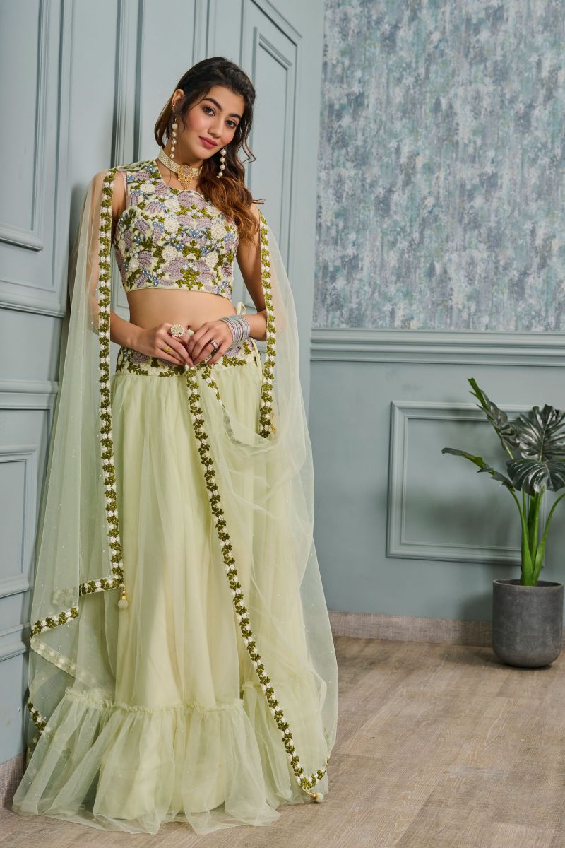 Net Sea Green Readymade Lehenga With Sequins Work 