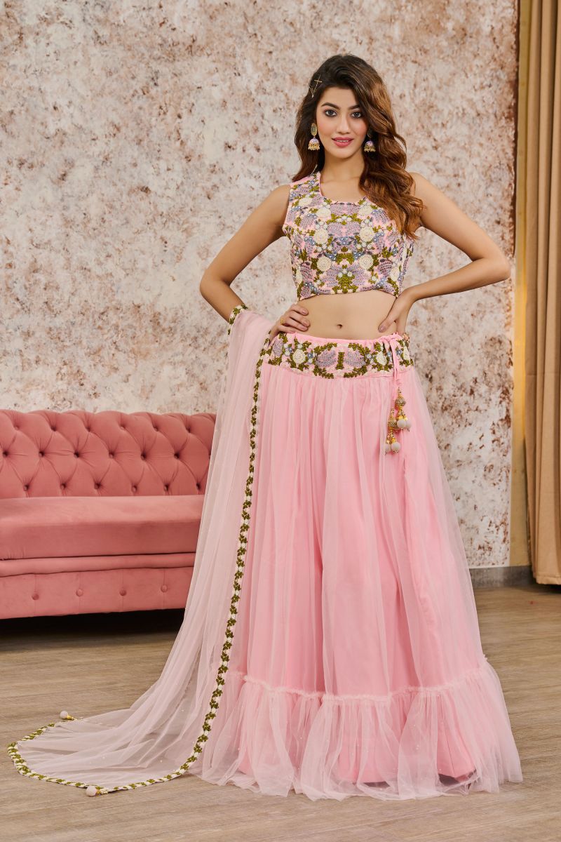 Net Peach Readymade Lehenga With Sequins Work