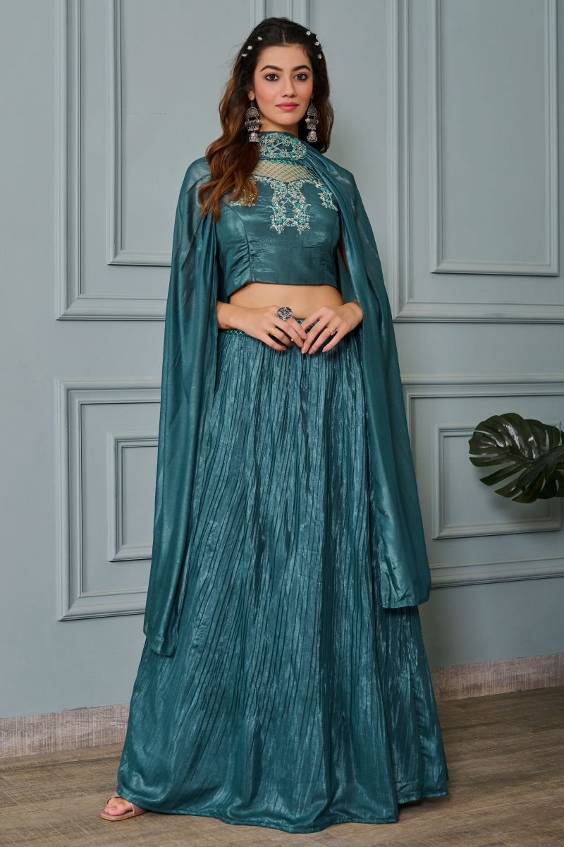 Teal Art Silk Readymade Lehenga With Sequins Work